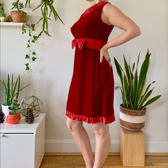 Vintage 60s red velvet mini dress satin bow S - Picture 3 of 6